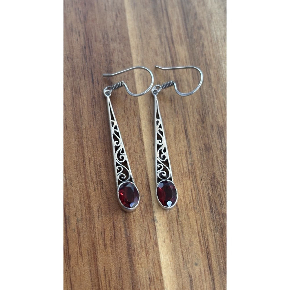 Vtg 925 Sterling Silver Red Garnet Long Filigree Dangle Drop Hook Earrings
